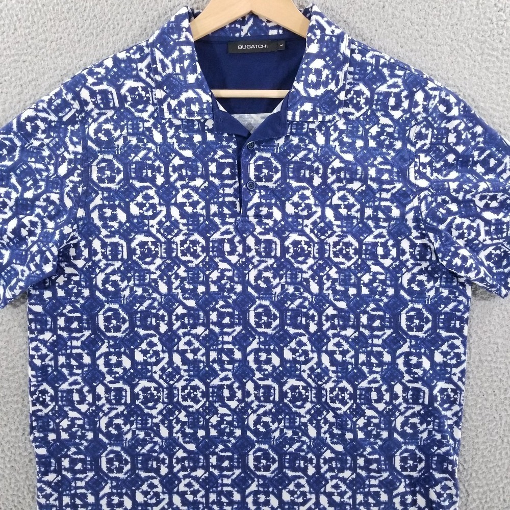 Bugatchi Polo Shirt Mens Large Blue Geometric Performance Batik Mercerized Knit